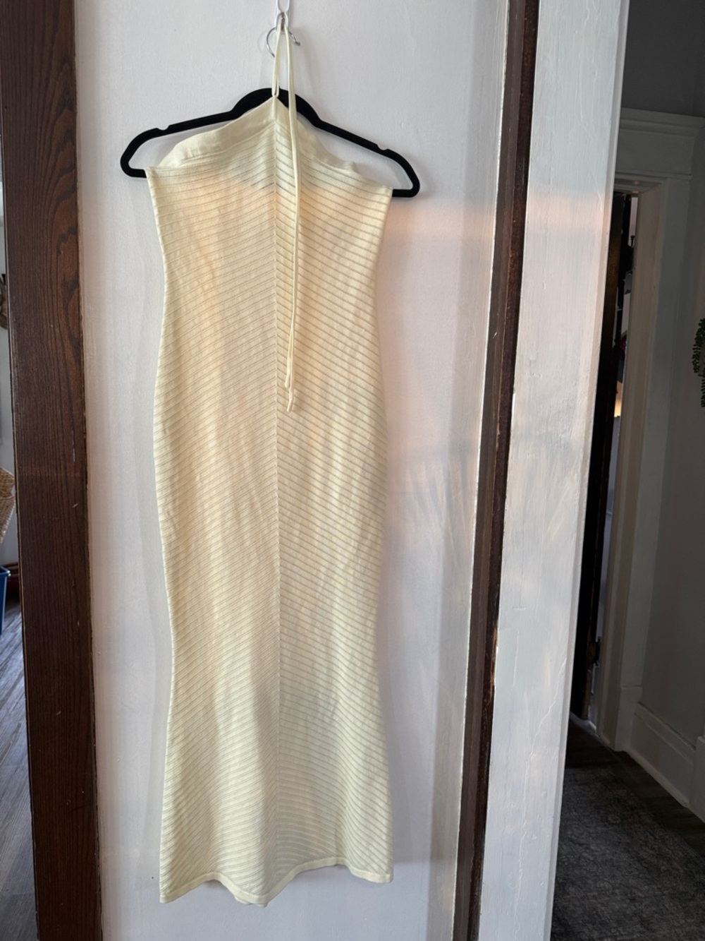 Strapless Butter Yellow Ribbed Knit Hauler Maxi Dress